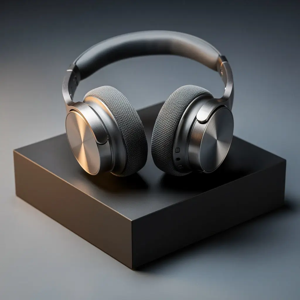 Create a photorealistic commercial product photograph of an unbranded brushed-aluminum over-ear headphone set resting on a matte charcoal block; show realistic woven ear cushions, fine metal grain, restrained reflections, and subtle contact shadows in a three-quarter close view; no text. Use cinematic soft directional light, restrained warm amber highlights against charcoal and muted blue-gray tones, tactile detail, generous negative space, and no logos, watermarks, or real brands.