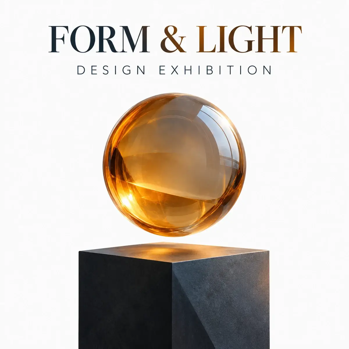 Design an elegant exhibition poster featuring a floating translucent amber sphere above a dark geometric plinth; render exactly two lines of large, crisp, perfectly legible typography: "FORM & LIGHT" and "DESIGN EXHIBITION"; maintain strong typographic hierarchy and include no other text. Use cinematic soft directional light, restrained warm amber highlights against charcoal and muted blue-gray tones, tactile detail, generous negative space, and no logos, watermarks, or real brands.
