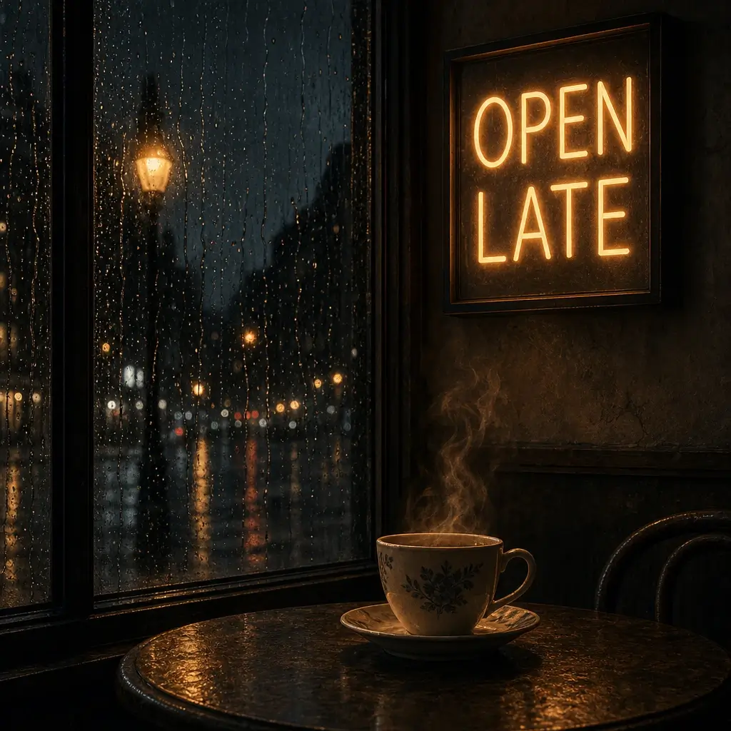 Design a cinematic night-cafe poster with a steaming porcelain cup beside a rain-streaked window and a warm glowing sign; the sign must read exactly "OPEN LATE" in large, clean, legible letters; include no other text. Use cinematic soft directional light, restrained warm amber highlights against charcoal and muted blue-gray tones, tactile detail, generous negative space, and no logos, watermarks, or real brands.