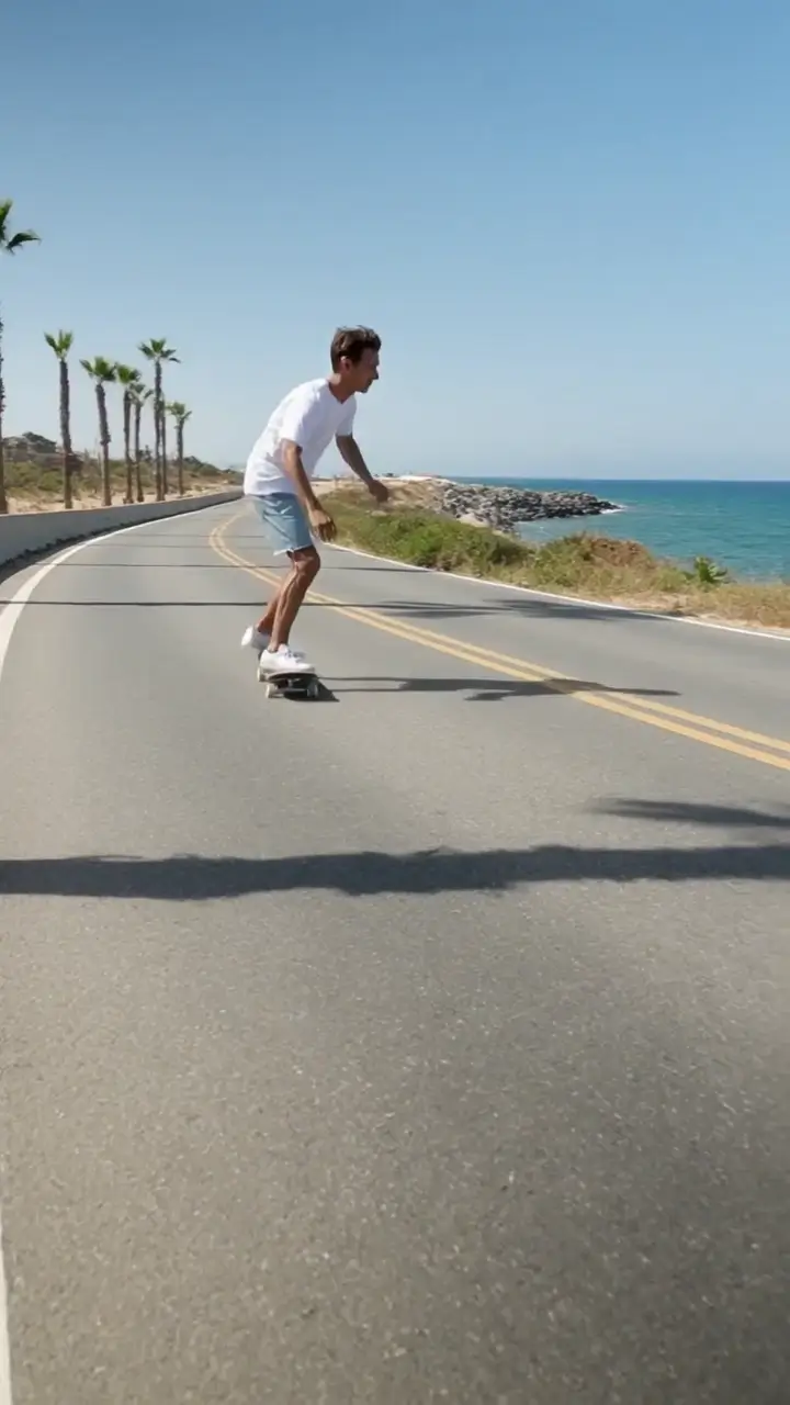 A skateboarder pushes off down a sunlit coastal road. Low tracking shot beside the board, wheels clattering on asphalt, palm shadows sliding past.