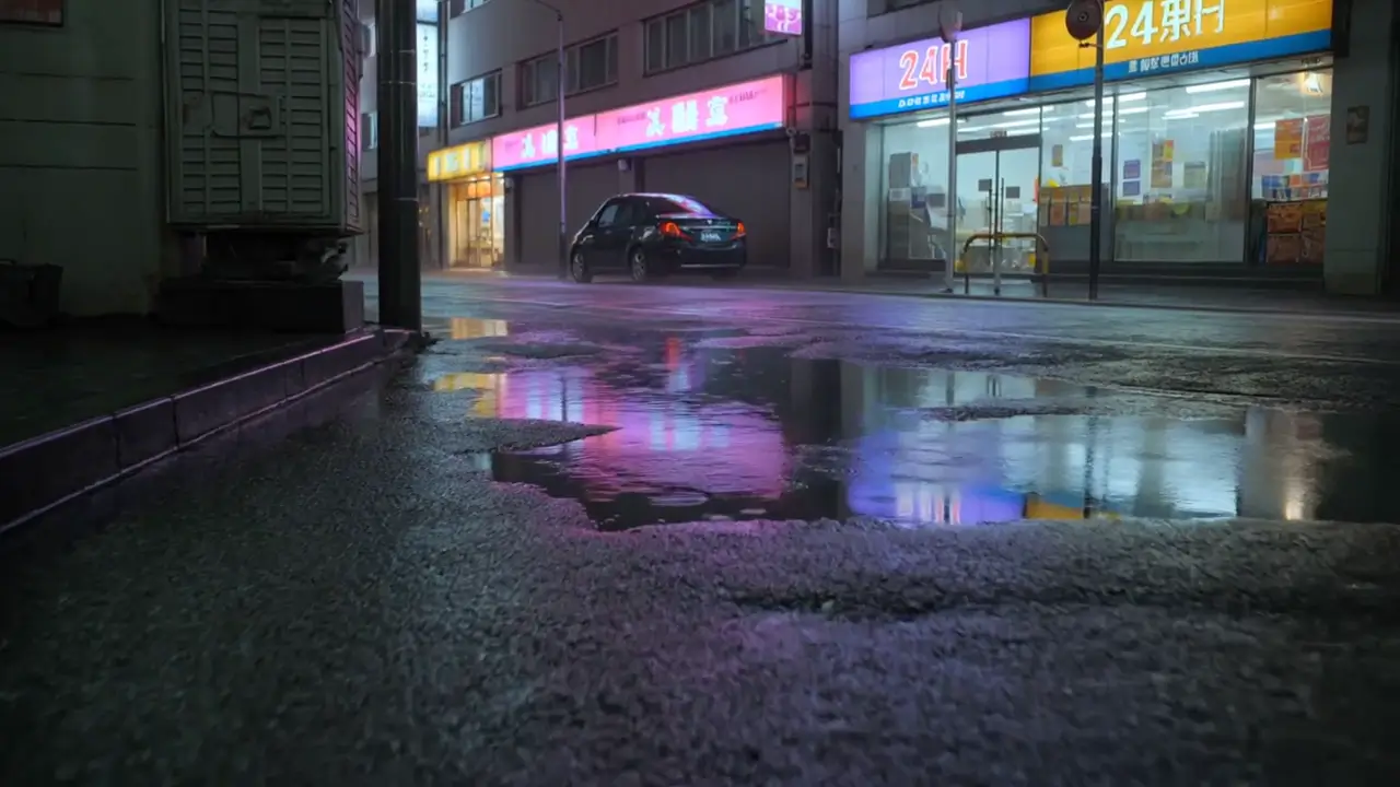 A rain-soaked neon street in Tokyo at night. Slow dolly forward through puddle reflections as a cyclist passes, light rain hiss.