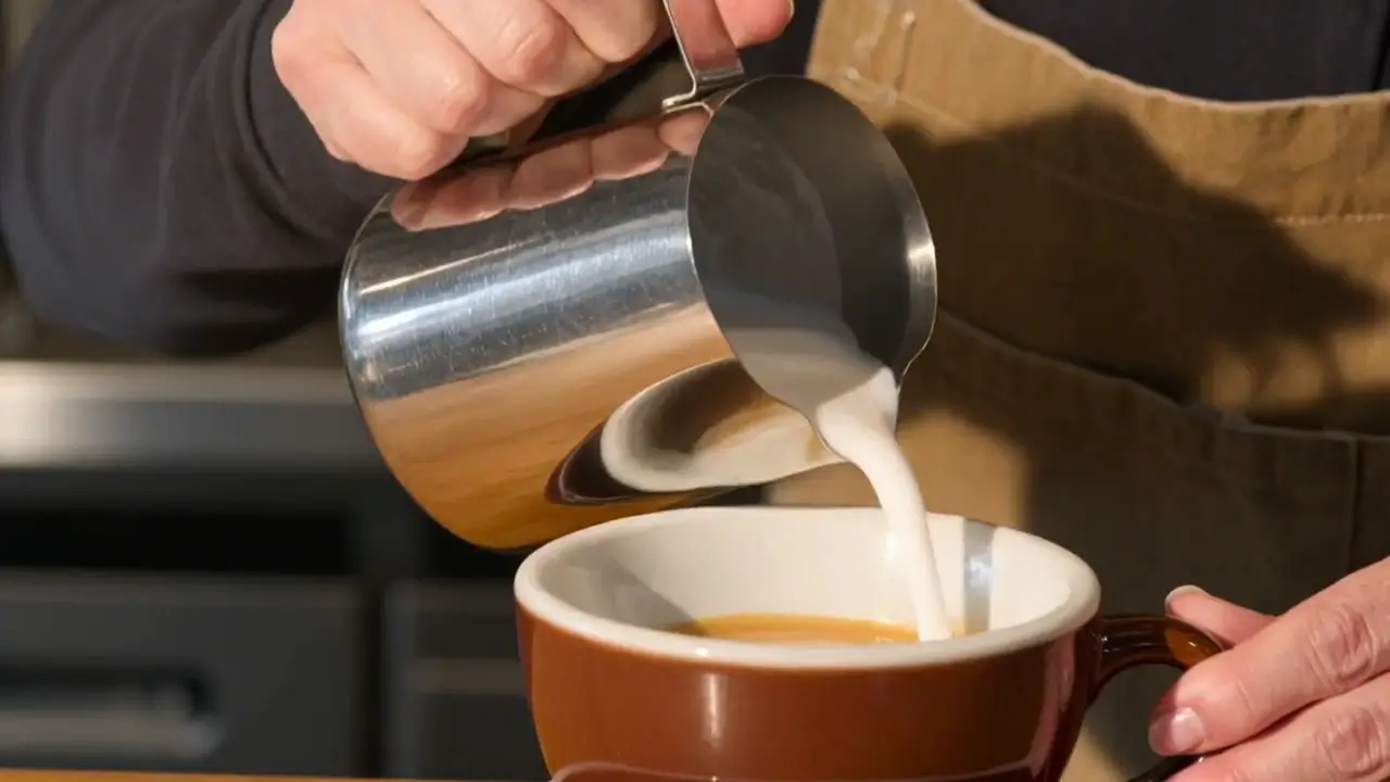 A barista pours steamed milk into a latte, the foam blooming into a rosette. Close-up, shallow depth of field, warm morning light, soft café ambience.