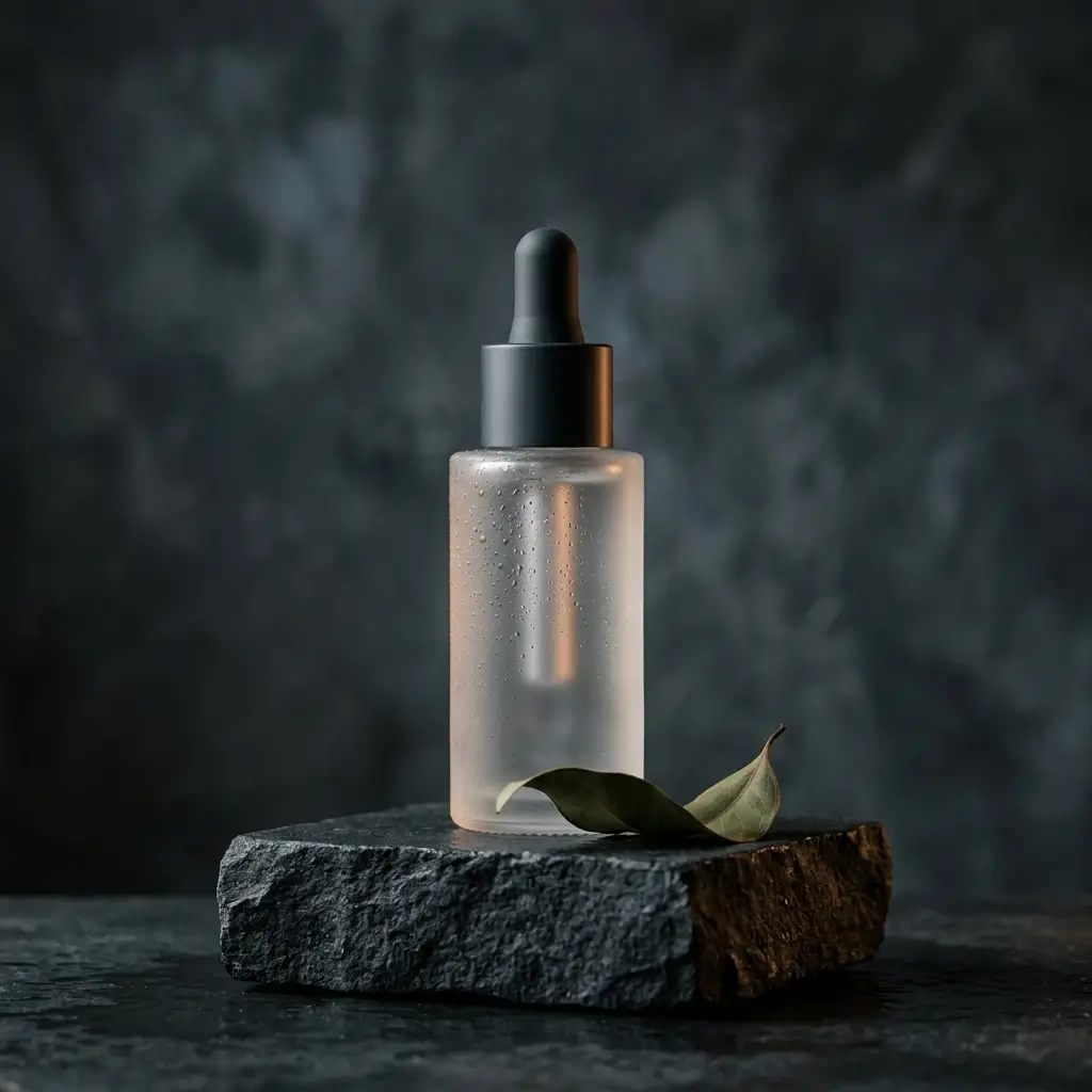 Create an editorial product photograph of an unbranded frosted glass skincare bottle on a dark stone pedestal, with a single curled botanical leaf and tiny condensation droplets; emphasize translucent glass, precise reflections, and a clean centered silhouette; no text. Use cinematic soft directional light, restrained warm amber highlights against charcoal and muted blue-gray tones, tactile detail, generous negative space, and no logos, watermarks, or real brands.