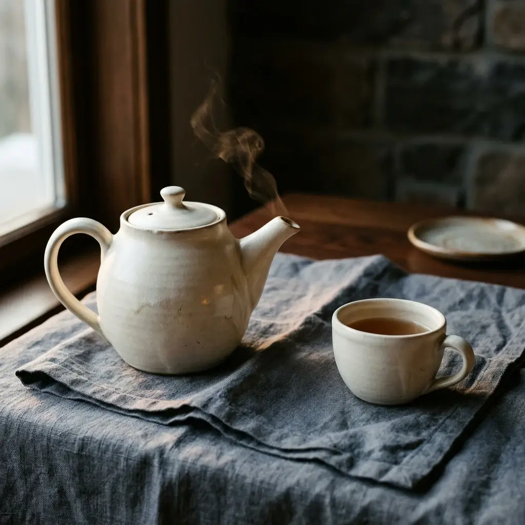 Create a premium tabletop product photograph of a sculptural ivory ceramic teapot and matching cup on folded linen, with visible glaze texture and a delicate ribbon of steam; use a three-quarter camera angle and clear separation between the two objects; no text. Use cinematic soft directional light, restrained warm amber highlights against charcoal and muted blue-gray tones, tactile detail, generous negative space, and no logos, watermarks, or real brands.