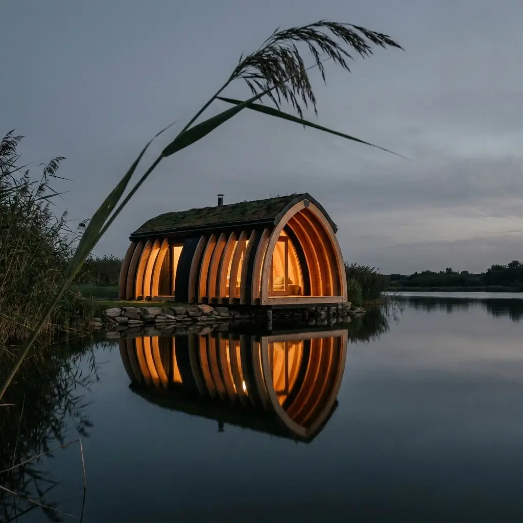 Create a detailed architectural editorial image of a tiny lakeside reading cabin with curved timber ribs, a softly illuminated interior, and its reflection in still water at dusk; frame the entire cabin with a single foreground reed; no people or text. Use cinematic soft directional light, restrained warm amber highlights against charcoal and muted blue-gray tones, tactile detail, generous negative space, and no logos, watermarks, or real brands.