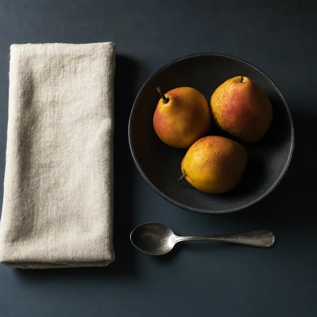 Create a carefully arranged editorial still life viewed from above: one folded ivory linen napkin on the left, three small amber pears in a shallow charcoal bowl on the right, and a single silver spoon below the bowl; preserve the exact object counts and spatial relationships; no text. Use cinematic soft directional light, restrained warm amber highlights against charcoal and muted blue-gray tones, tactile detail, generous negative space, and no logos, watermarks, or real brands.