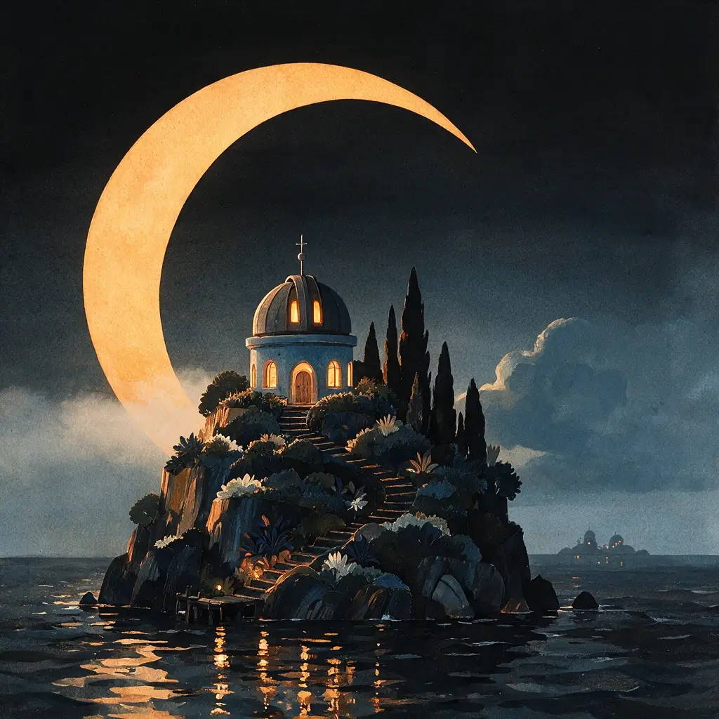 Create a richly textured gouache and cut-paper illustration of a small observatory on a terraced island beneath an oversized crescent moon, with layered foliage, winding steps, and tiny glowing windows; preserve expressive brushwork and a strong readable silhouette; no text. Use cinematic soft directional light, restrained warm amber highlights against charcoal and muted blue-gray tones, tactile detail, generous negative space, and no logos, watermarks, or real brands.