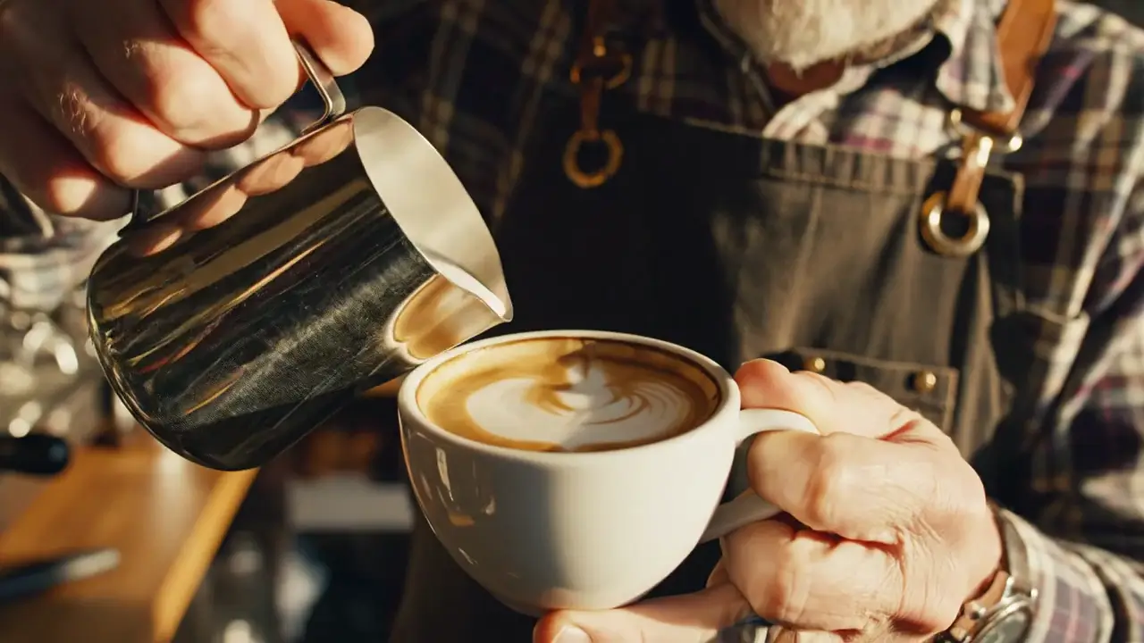A barista pours steamed milk into a latte, the foam blooming into a rosette. Close-up, shallow depth of field, warm morning light, soft café ambience.