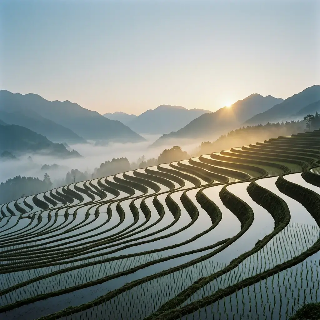 Create a cinematic landscape photograph of terraced rice fields curving down a misty valley at dawn, water-filled terraces mirroring a pale blue-gray sky, a single narrow shaft of warm sunlight grazing the upper terraces, distant layered mountains; purely natural scene with no people, buildings, tents, vehicles, signs or text. Use cinematic soft directional light, restrained warm amber highlights against charcoal and muted blue-gray tones, tactile detail, generous negative space, and no logos, watermarks, or real brands.