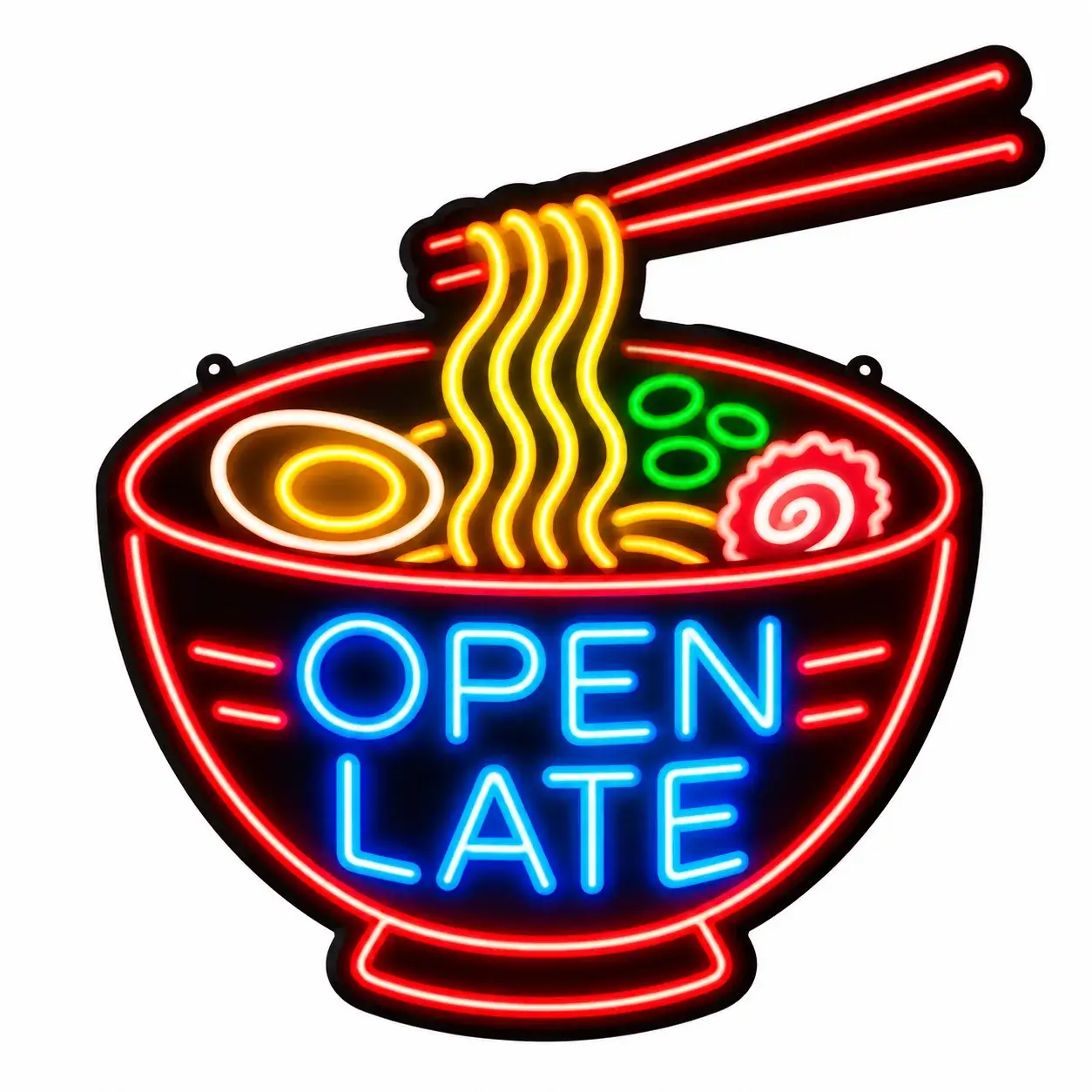 AI image generator example: A neon ramen shop sign that reads "OPEN LATE", made with GPT Image 2.5